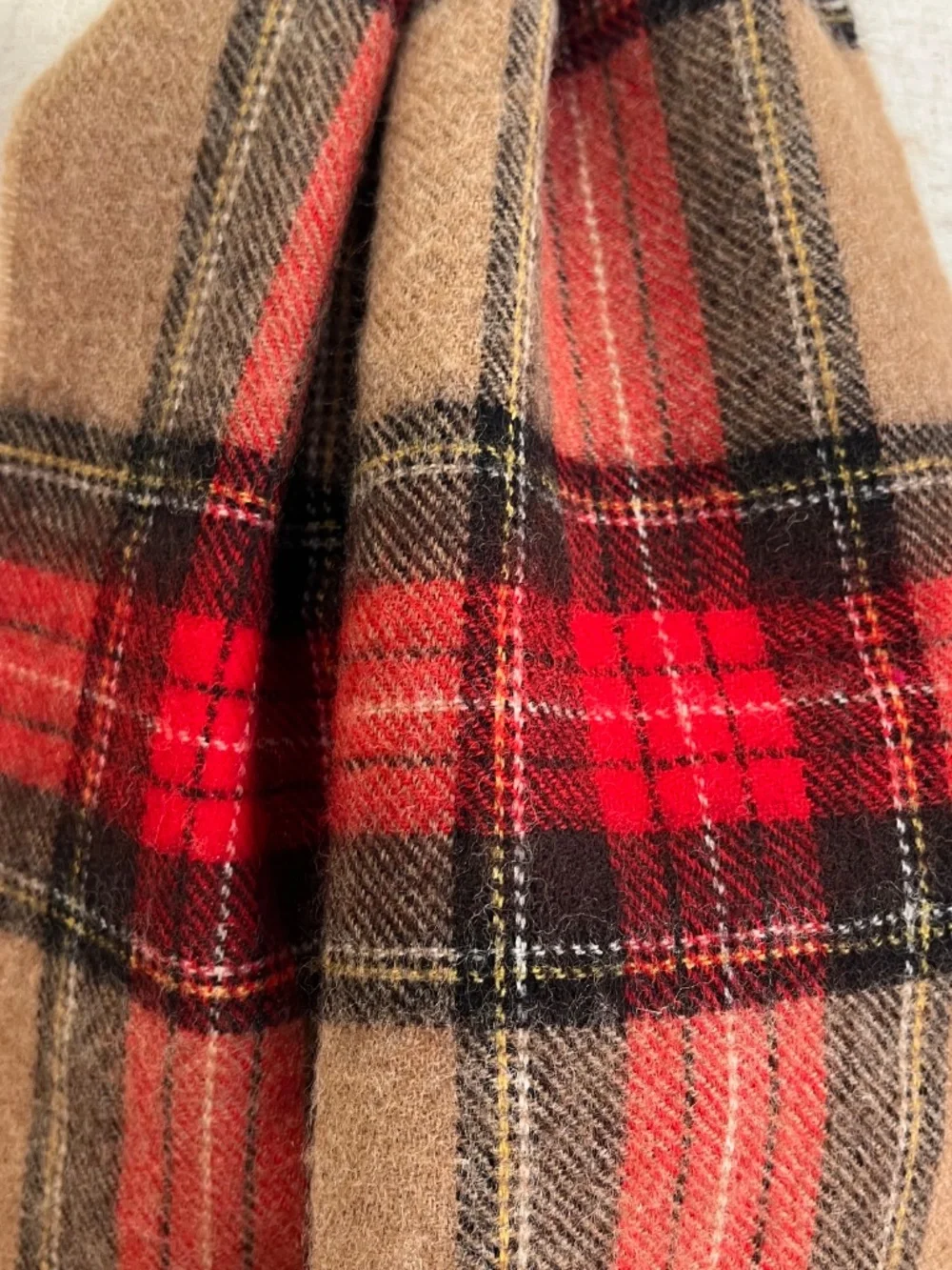 Vintage Wool Tartan Plaid Scarf Red Tan Made in Western Germany Fringe Heritage